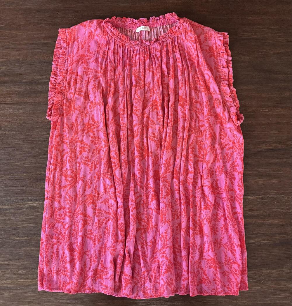 Karlie Tunic Blouse Pink Floral Ruffle Sleeveless Rayon Boho Top L